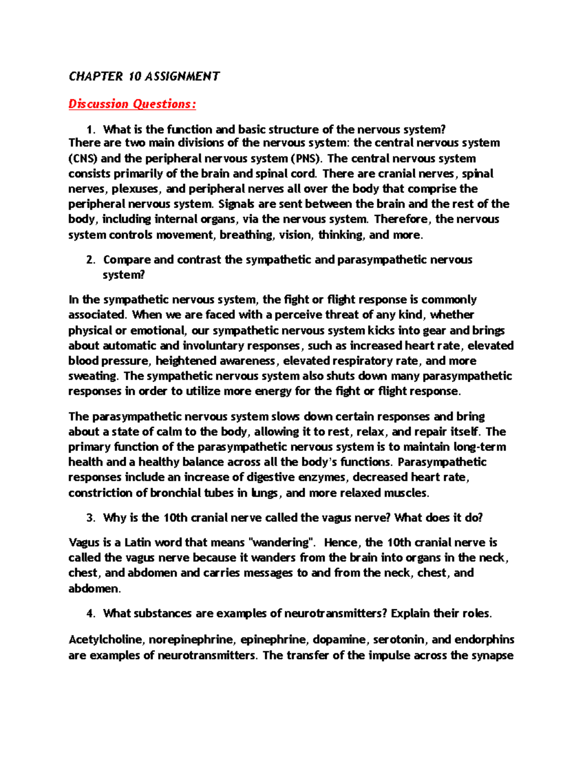 Chapter 10 Assignment: Nervous System Structure & Functions - Studocu