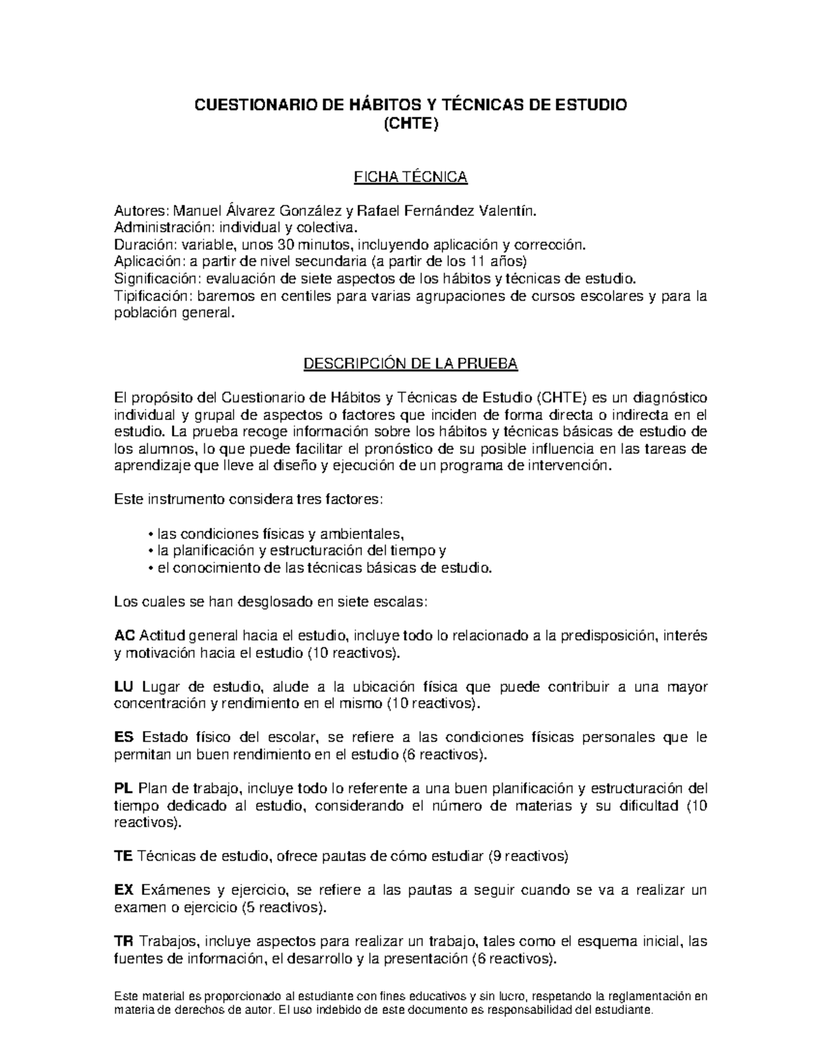 Cuestionario de Hábitos y Técnicas de Estudio (CHTE) - Manual Completo - Document Preview