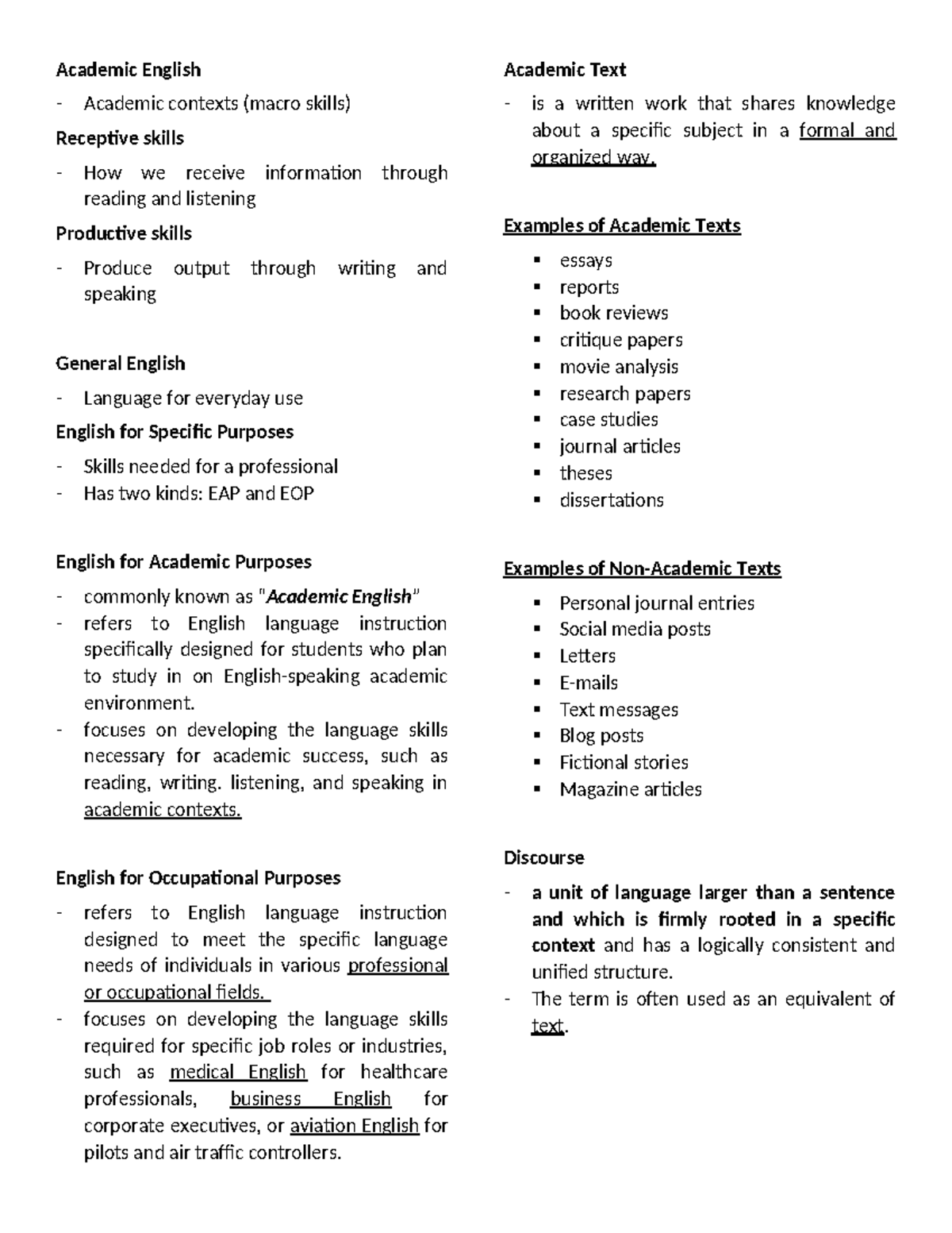 Lesson 1 & 2 Notes: Academic English Skills & Jargon Overview - Studocu