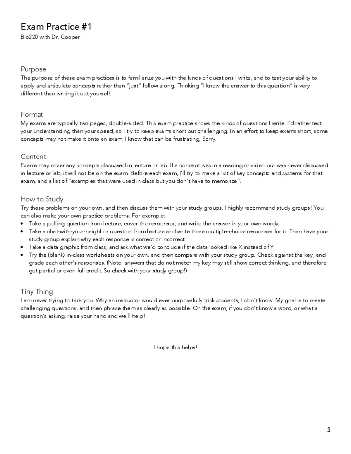 Biol 220 exam 1 practice with Dr. Cooper: question types and study tips ...