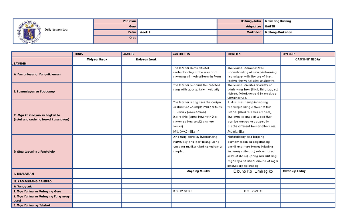DLL WEEK 1-Q3 MAPEH: Daily Lesson Log for Music and Arts - Studocu
