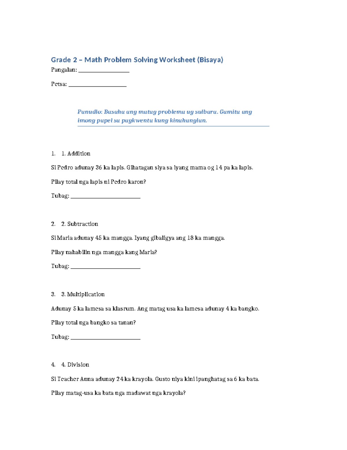 Grade 2 Math Problem Solving Worksheet (Bisaya) - Studocu