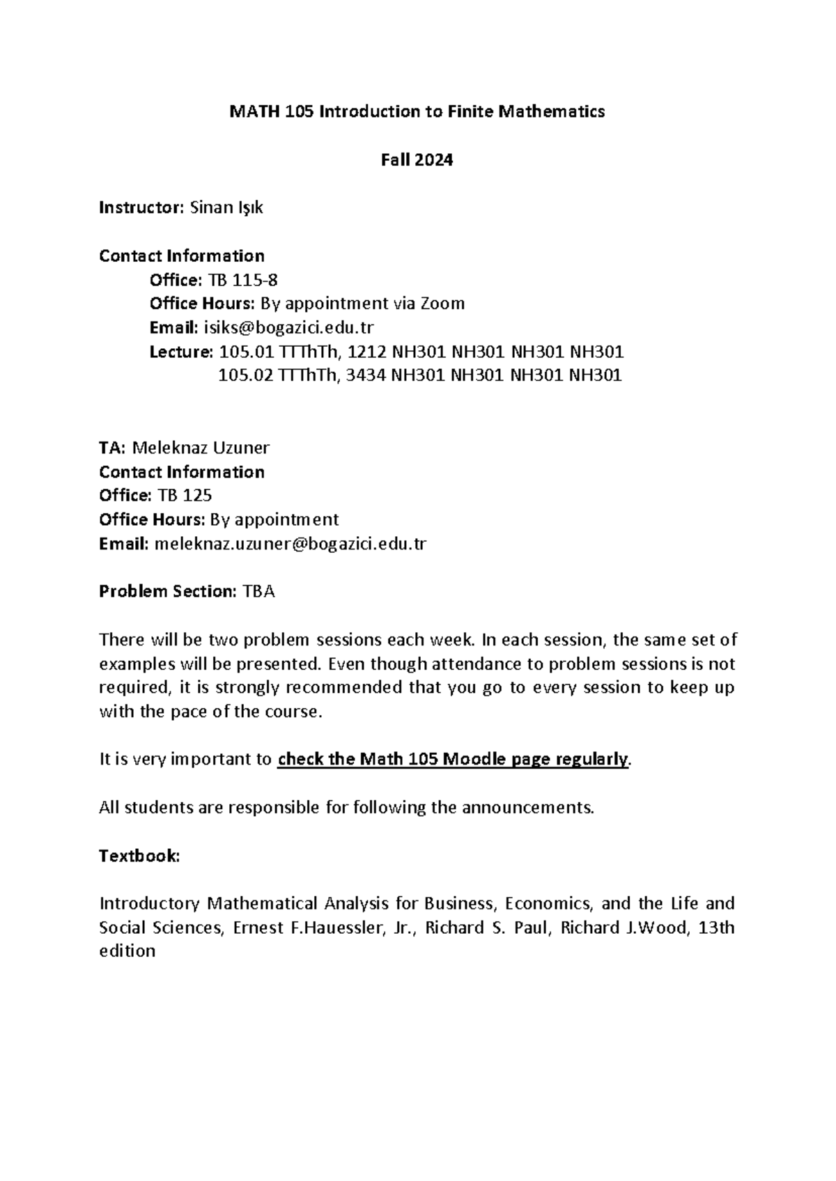 MATH105 fall 2024 Syllabus Prof. Işık - MATH 105 Introduction to Finite ...