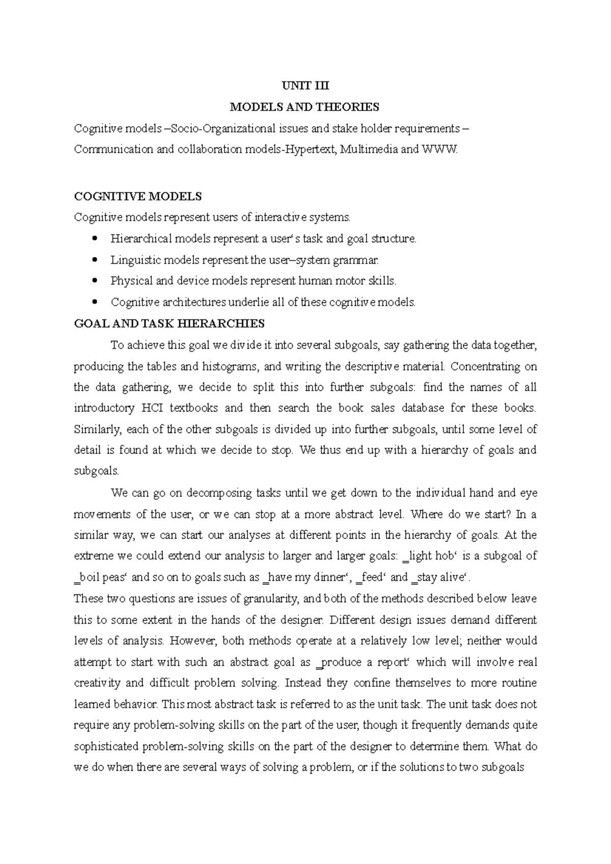 Unit III Notes - HCI Models & Theories (Reg 13) - Studocu