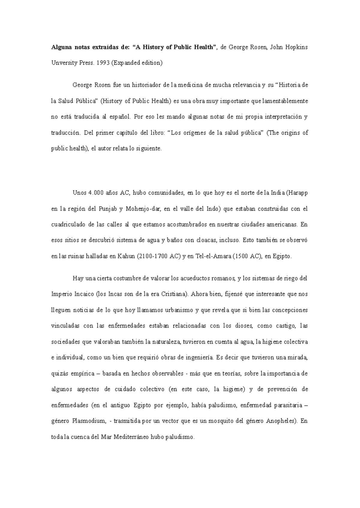 Notas sobre la Historia de la Salud Pública: Observaciones de Rosen ...