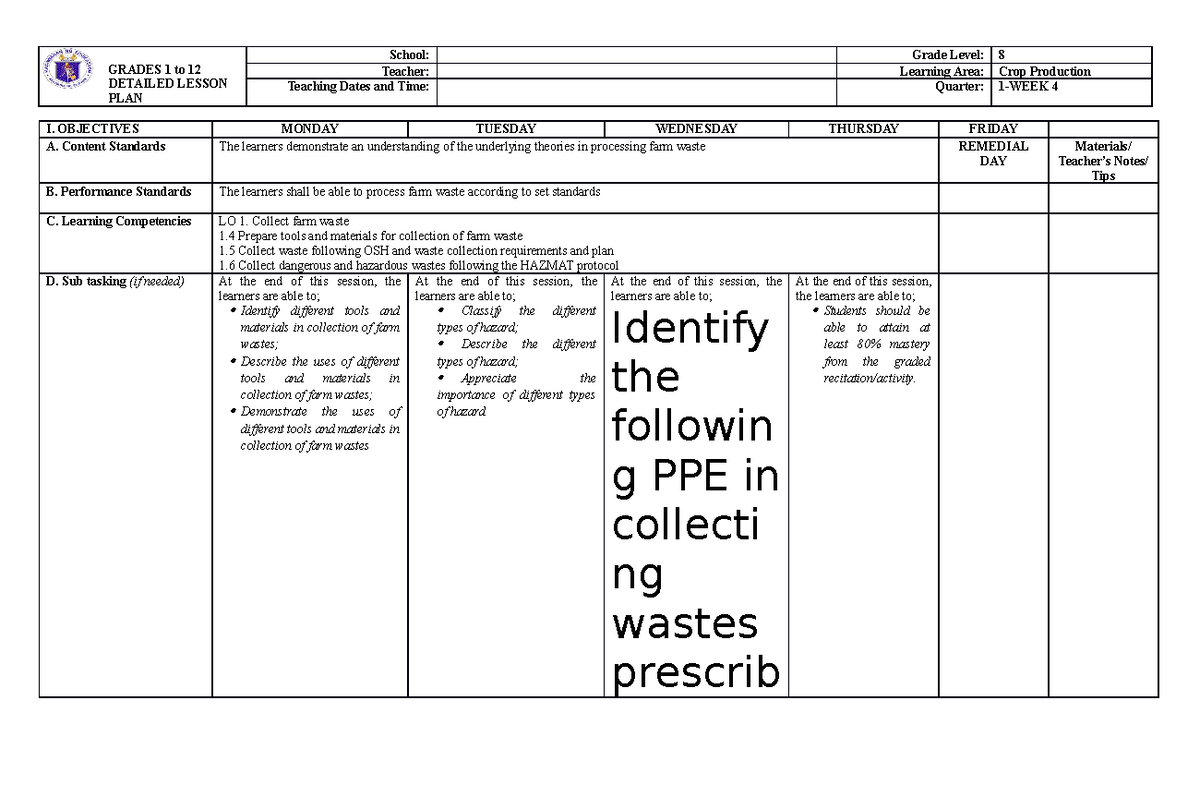 Grade 8 AGRI DLP | Crop Production Lesson Plan - Week 4 Q1 - Studocu