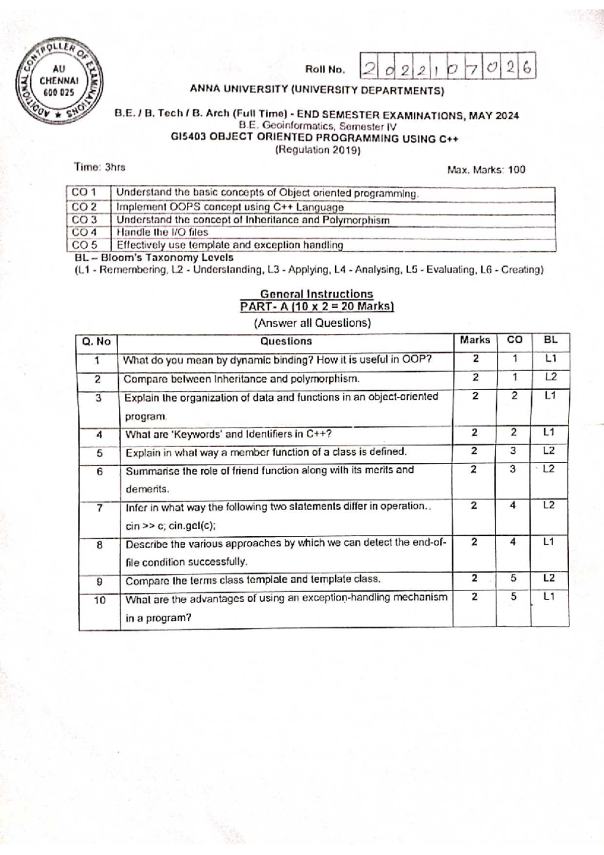 B.E. Geoinformatics G15403 End Sem Exam QP: Object Oriented Programming ...