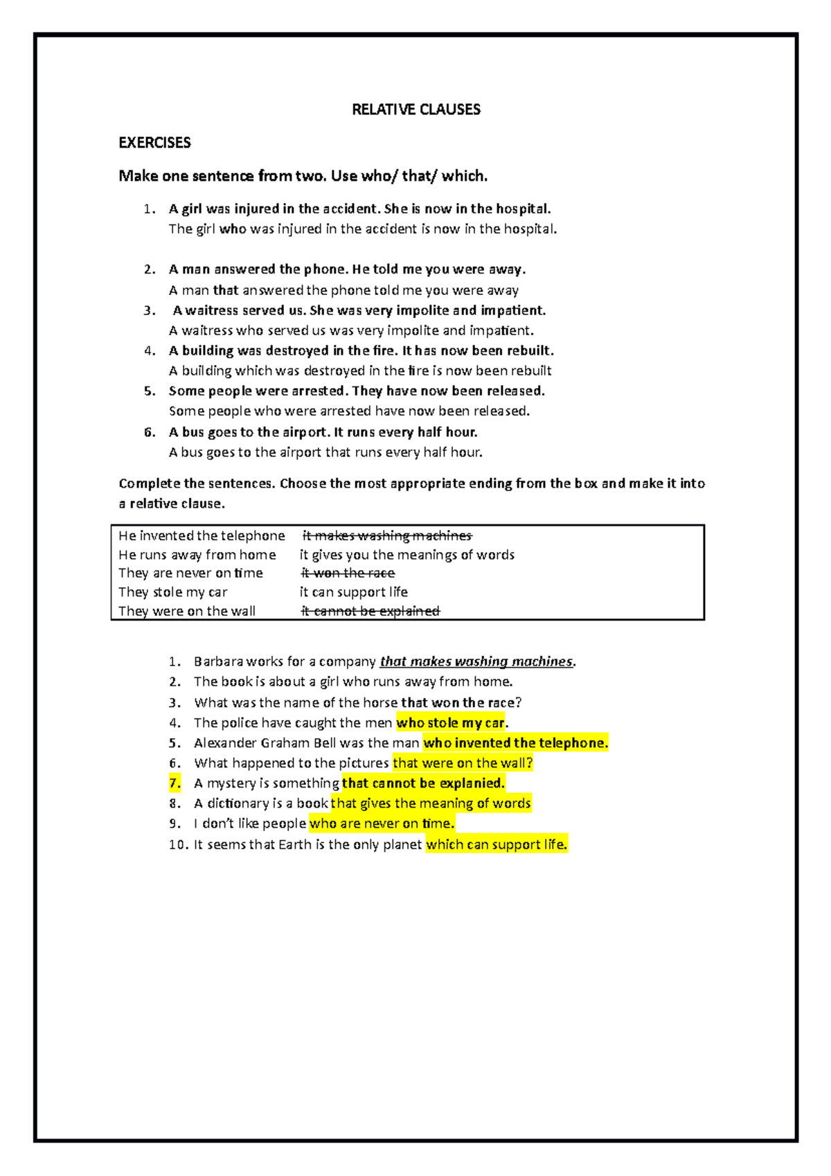 ENG201 Lecture Notes on Relative Clauses and Exercises - Studocu