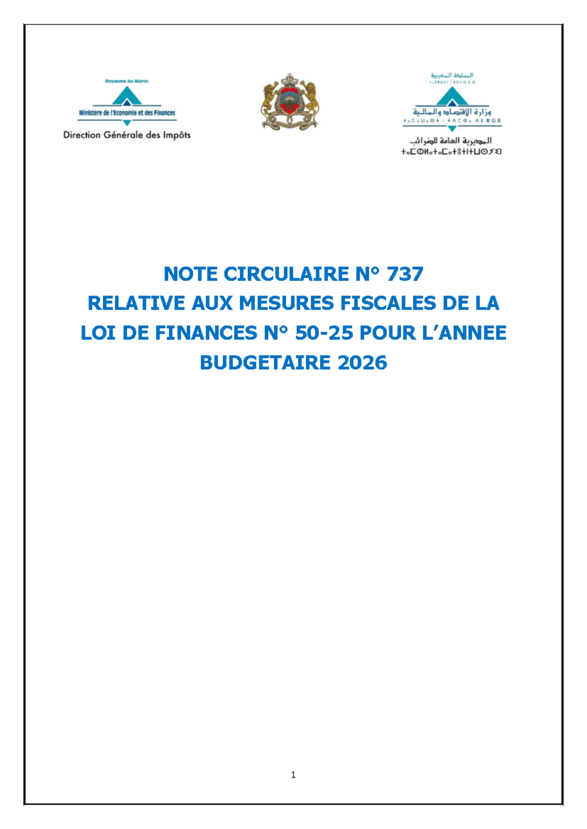 NOTE CIRCULAIRE 737 SUR LES MESURES FISCALES DE LA LOI DE FINANCES 2026 ...
