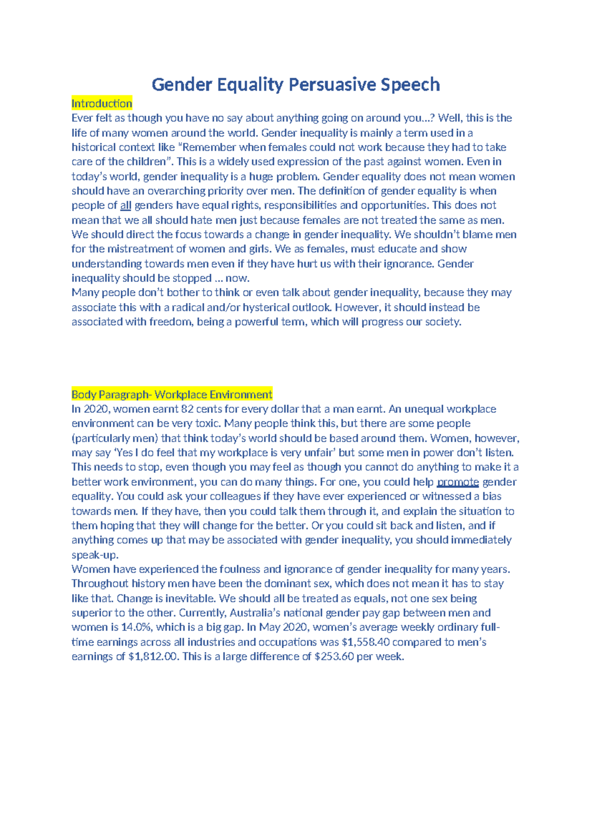 ENG 101: Gender Equality Persuasive Speech Introduction - Studocu