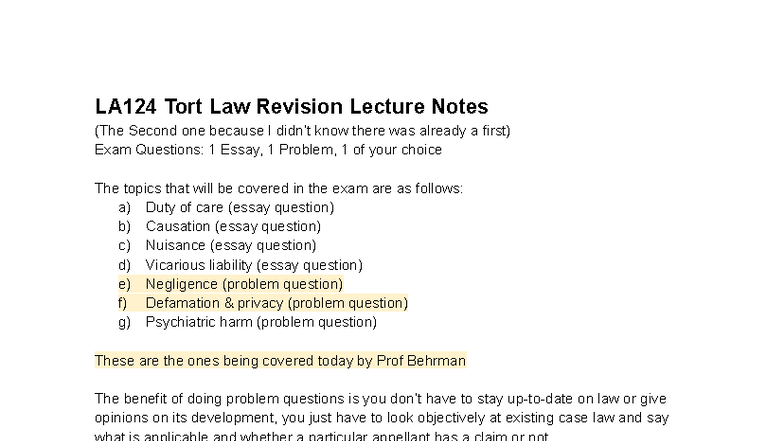 Tort Revision Lecture - Summative notes for final exam - LA124 Tort Law ...