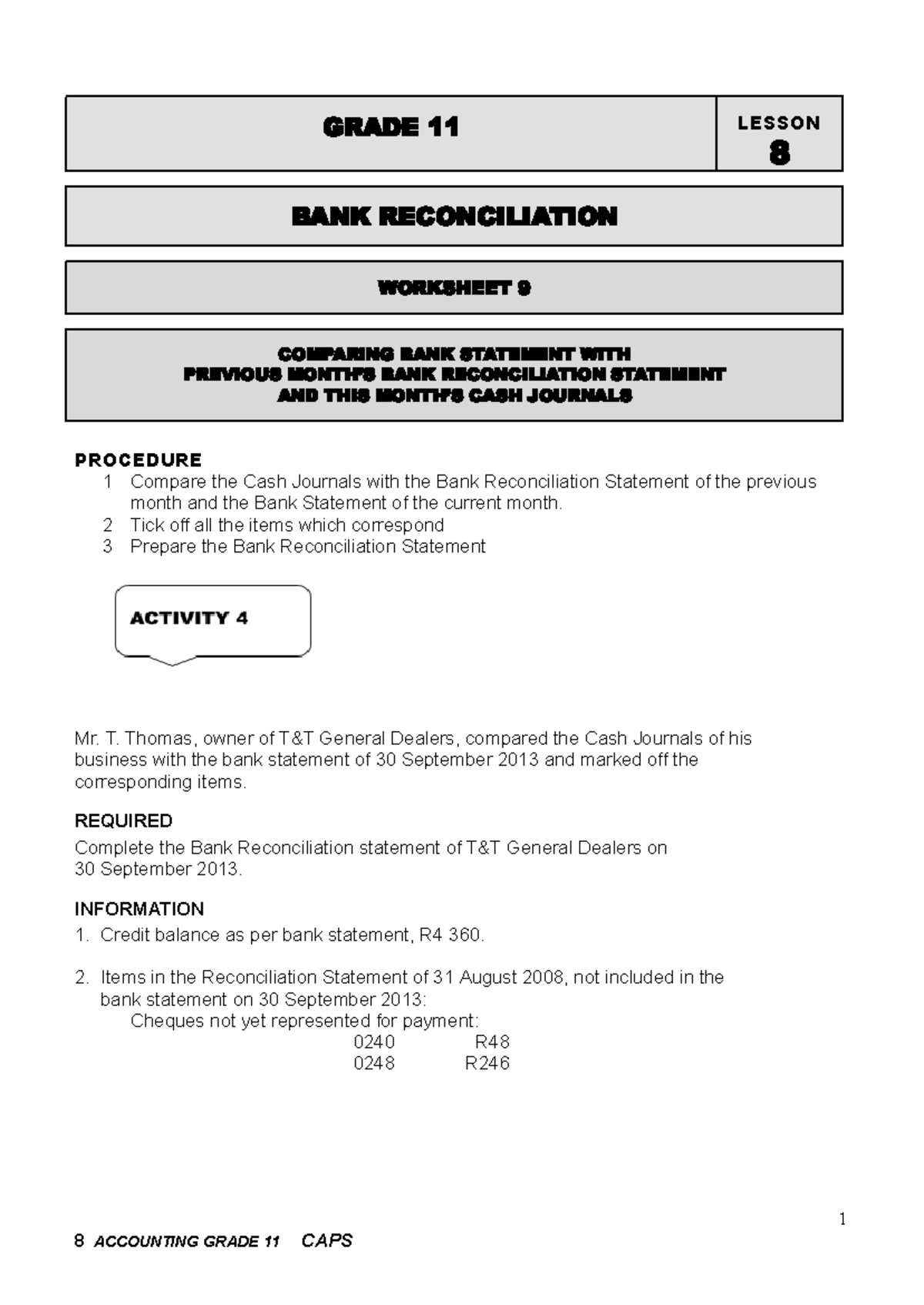 8.2 - notes wk 3 -bank recon - GRADE 11 LESSON 8 BANK RECONCILIATION ...