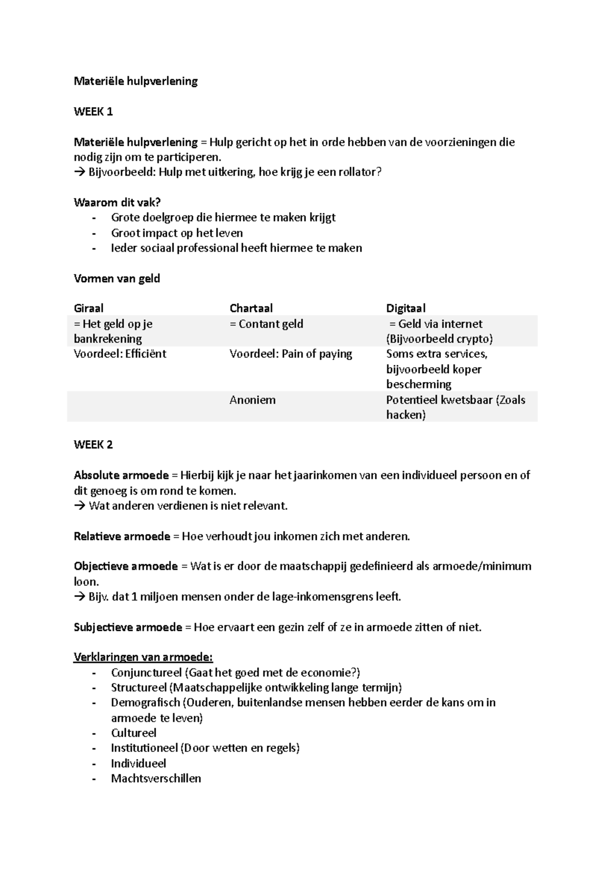 Materiële Hulpverlening: Inleiding en Armoede-Aspecten (Social Work) -  Studeersnel