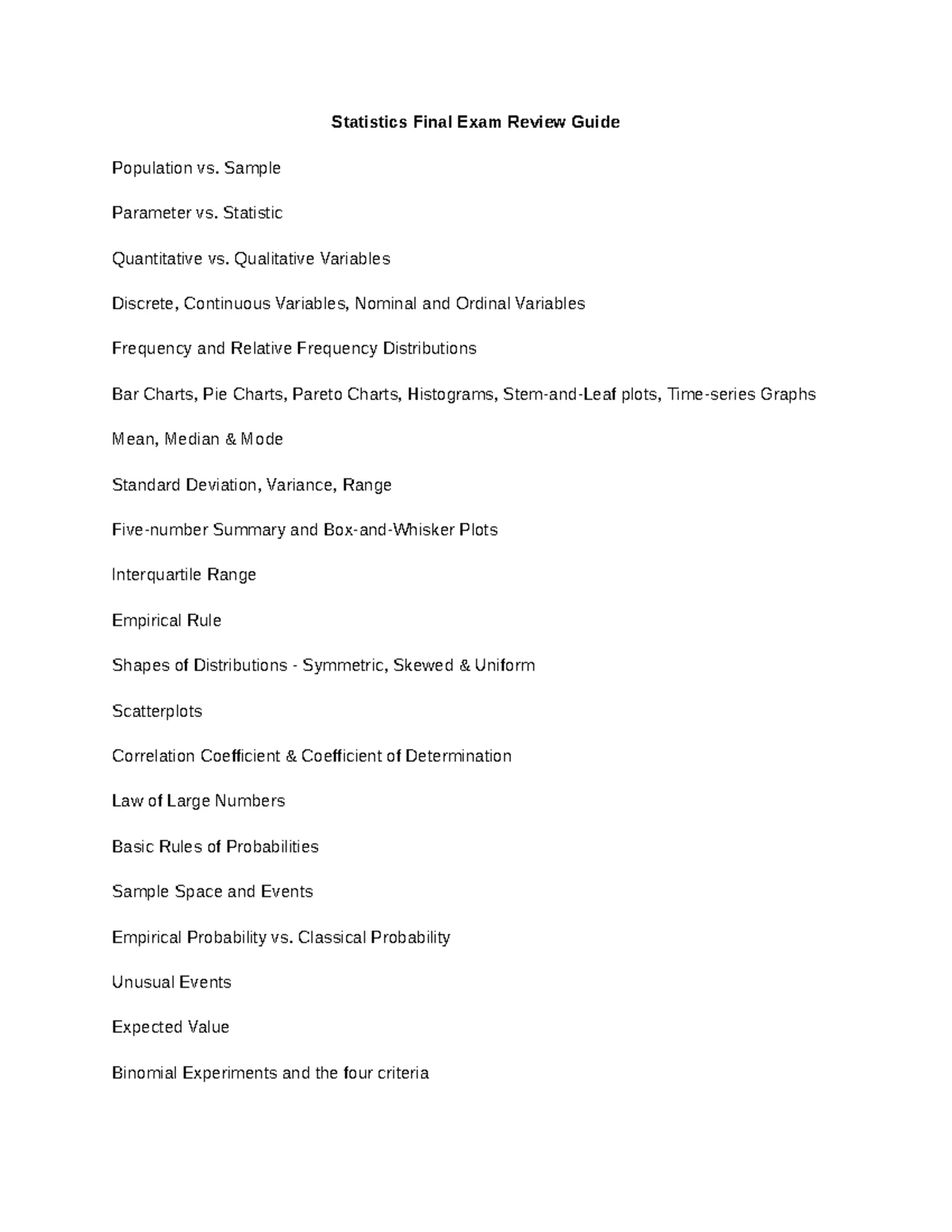 Final Exam Notes: Statistical Methods & Correlation Analysis (STAT 101 ...