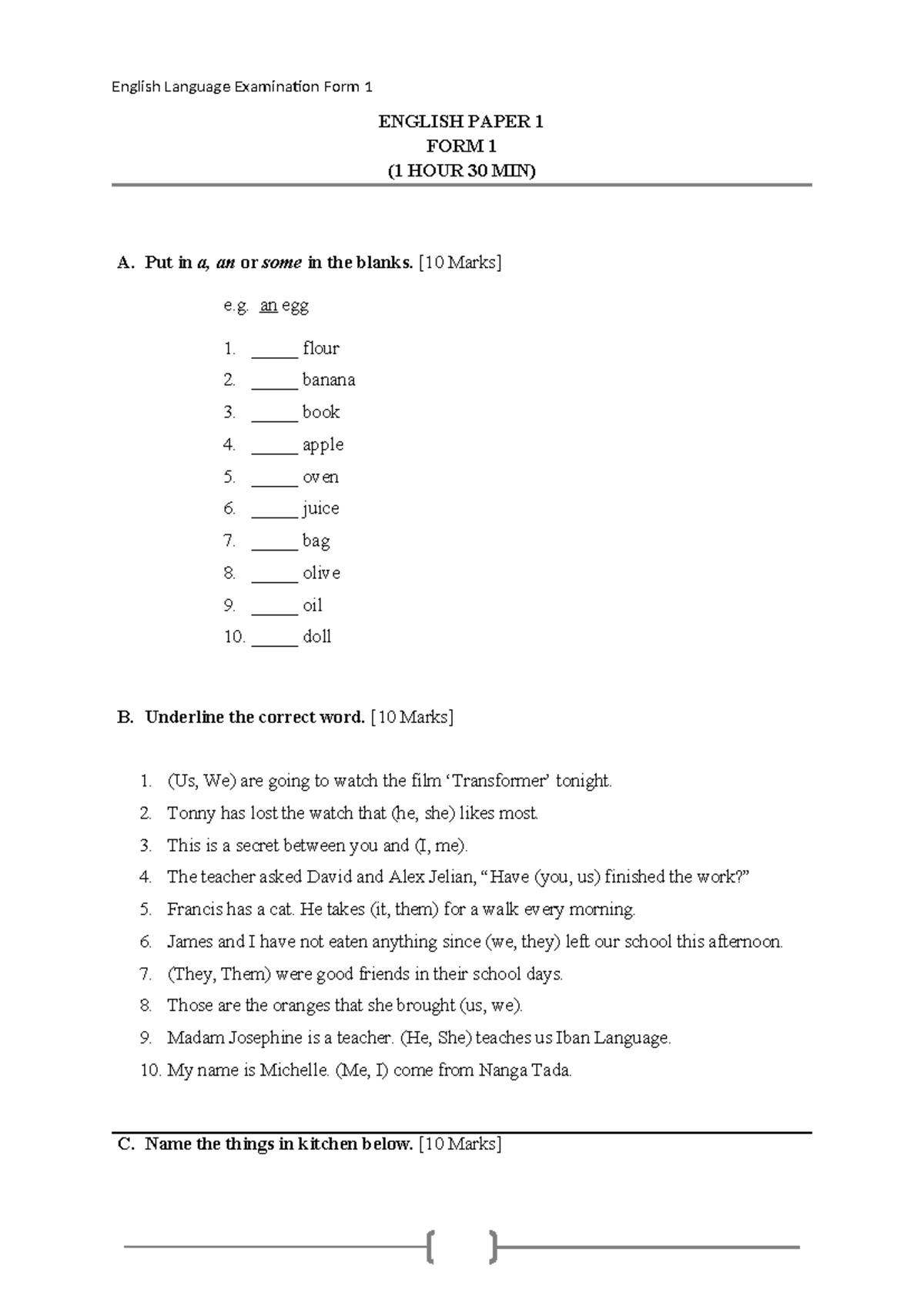 Ujian Mac: Kertas Bahasa Inggeris Tingkatan 1 - Document Preview
