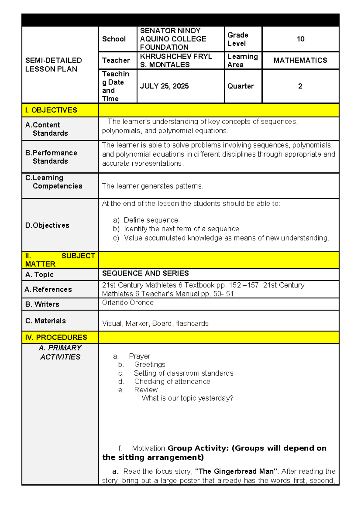 Grade 10 Math Lesson Plan: Sequences & Series (Quarter 2) - Studocu