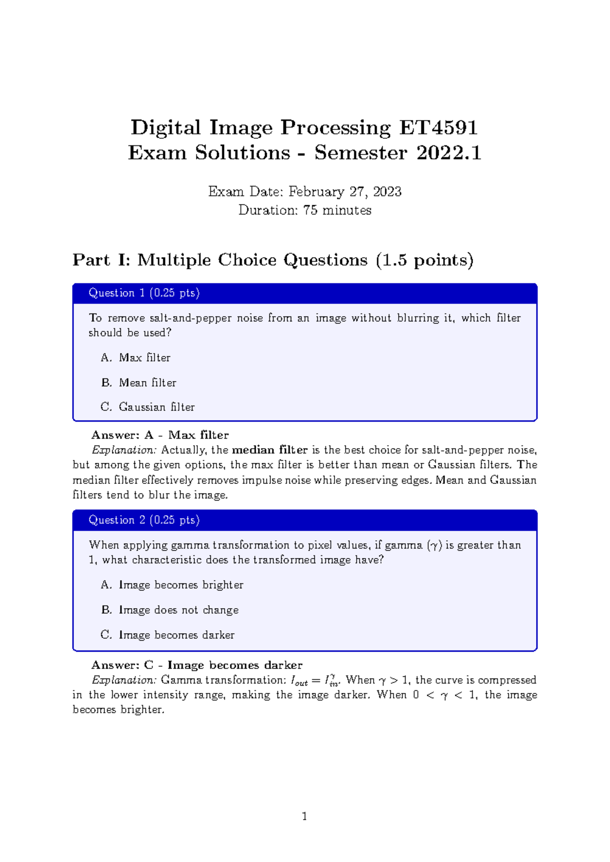 Digital Image Processing ET4591 Exam Solutions - Semester 2022.1 - Studocu