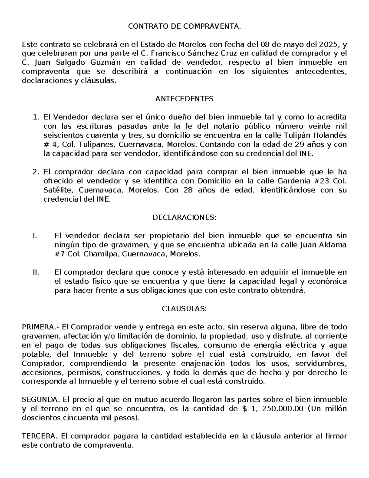 Contrato de Compraventa de Inmueble - Morelos 2025 - Document Preview
