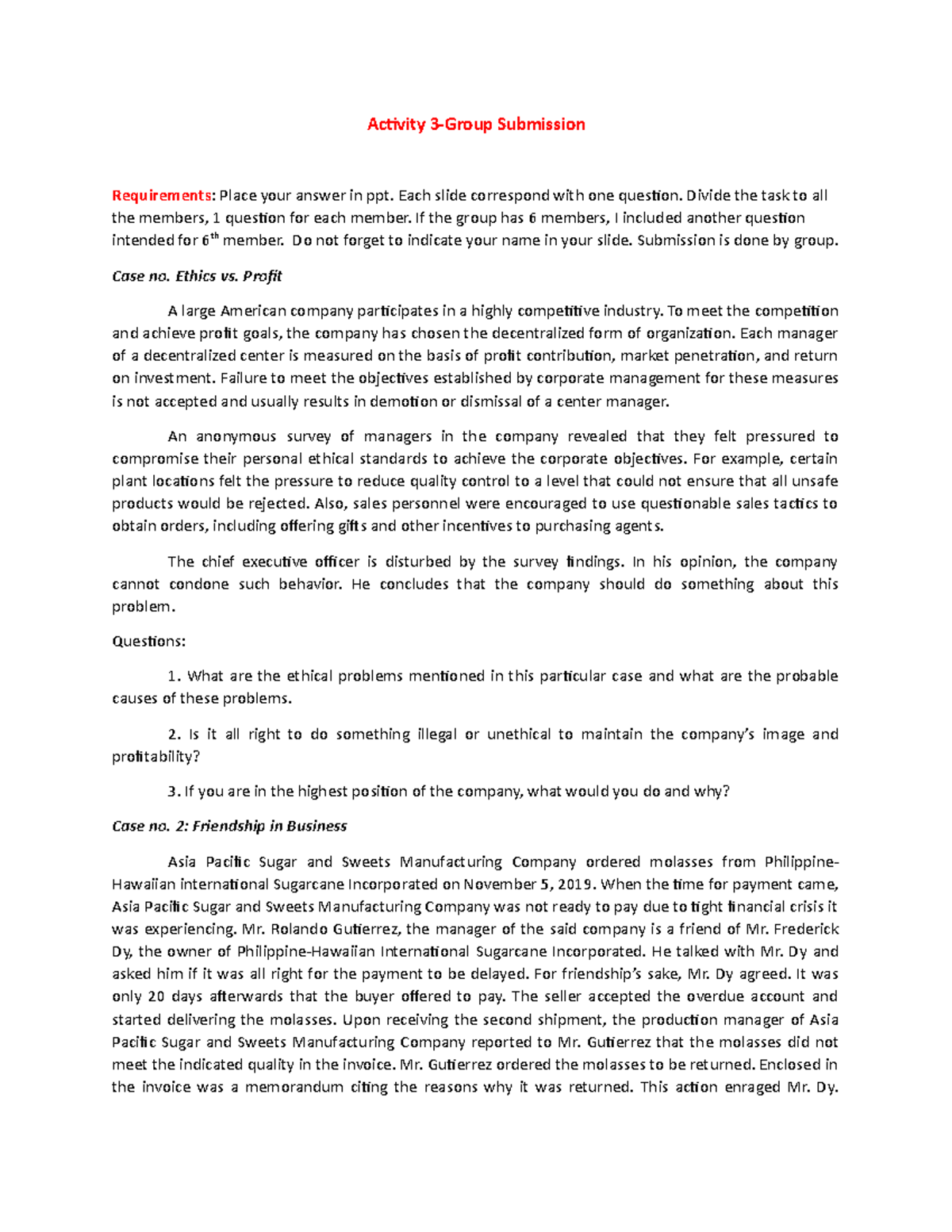 Activity 3 - Case Study on Ethics vs. Profit (Chapter 3) - Studocu