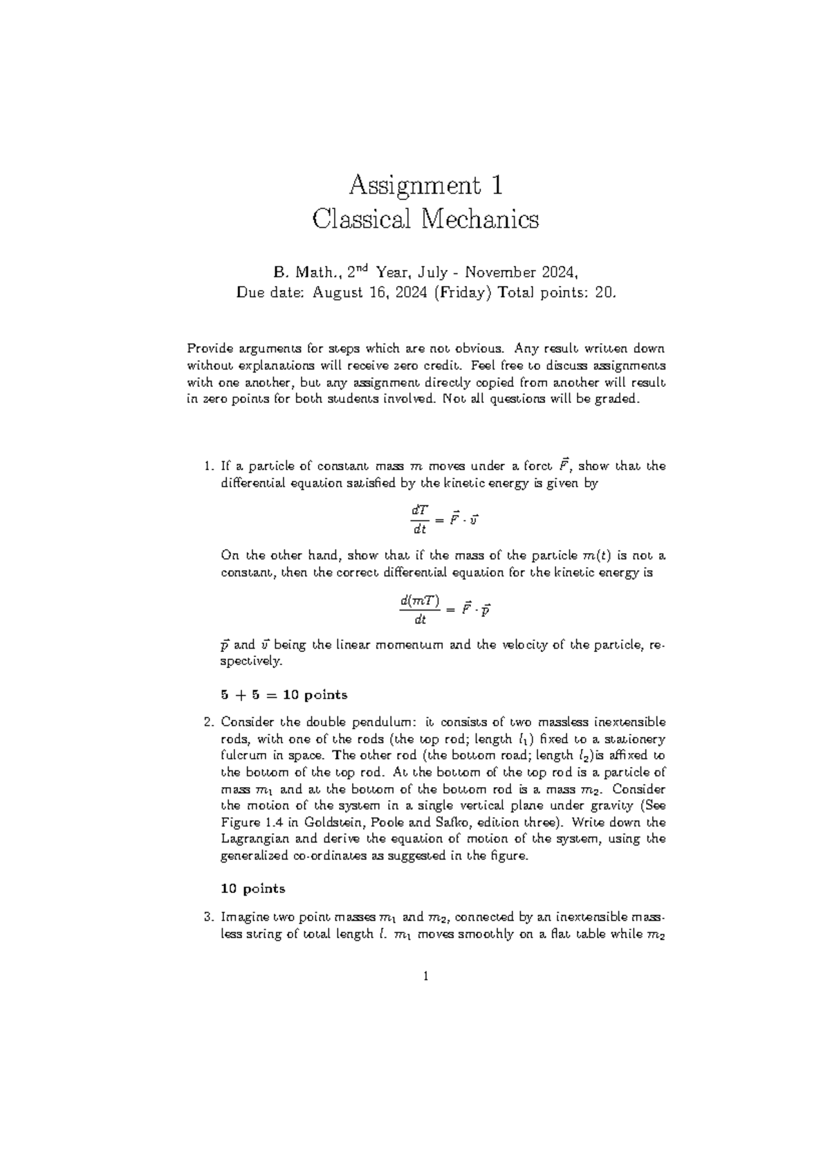 Classical Mechanics Assignment 1 (B. Math. 2nd Year, Aug 2024) - Studocu