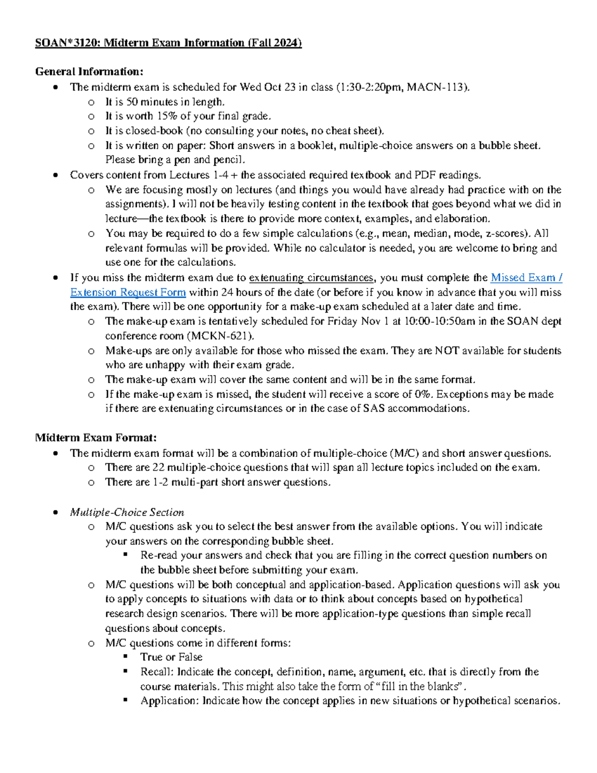 SOAN3120 Midterm Exam Guidelines and Format Details (Fall 2024) - Studocu