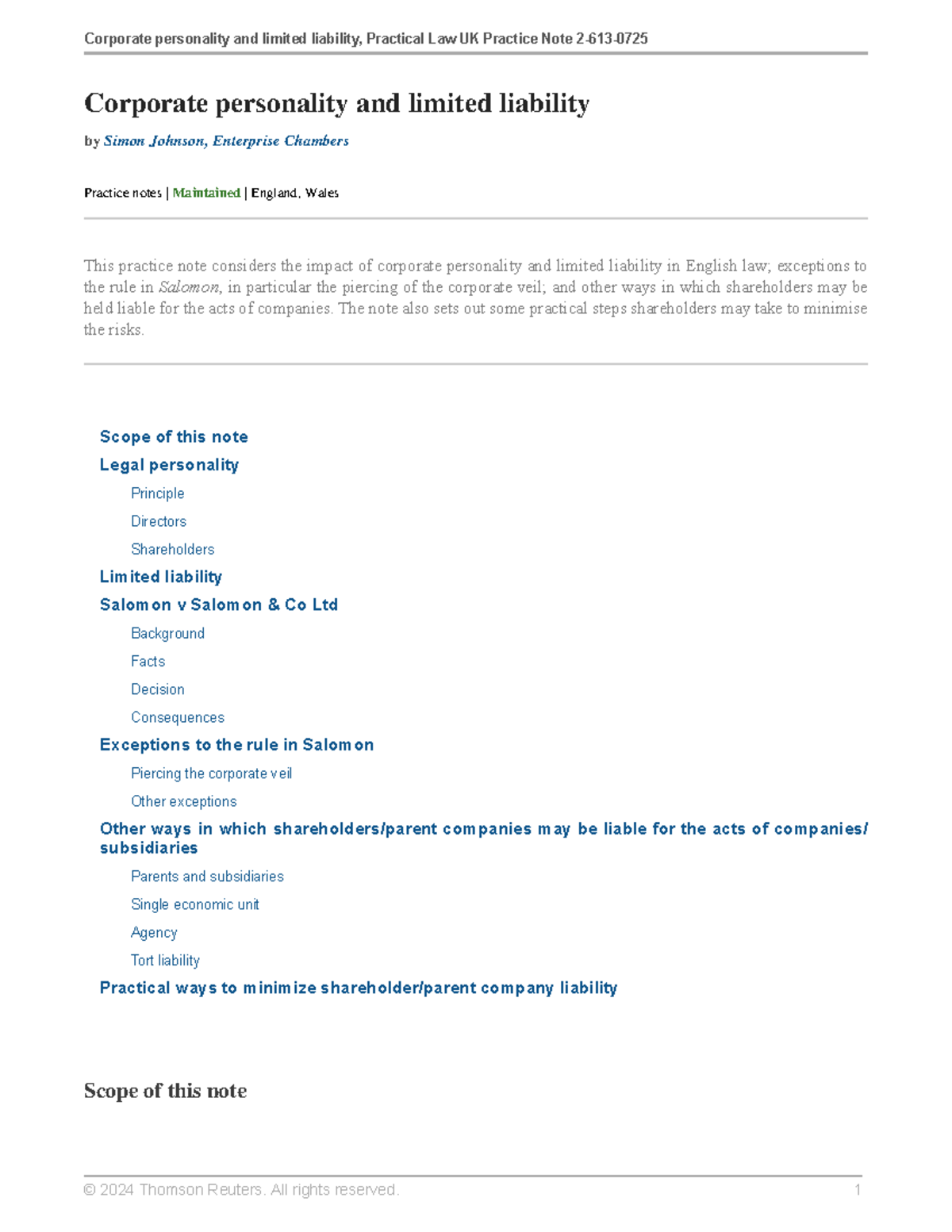 Corporate Personality & Limited Liability: Practical Law UK Note - Studocu
