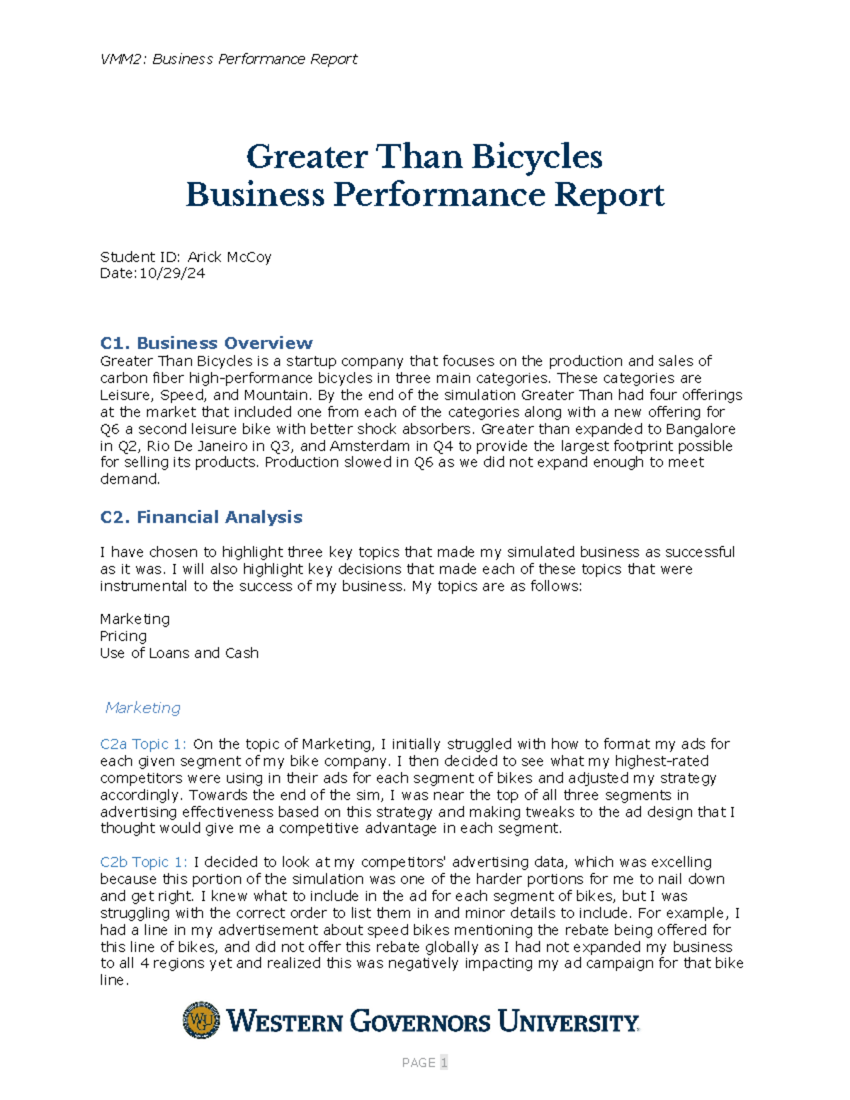 Business Performance Report - VMM2: Business Performance Report Greater ...