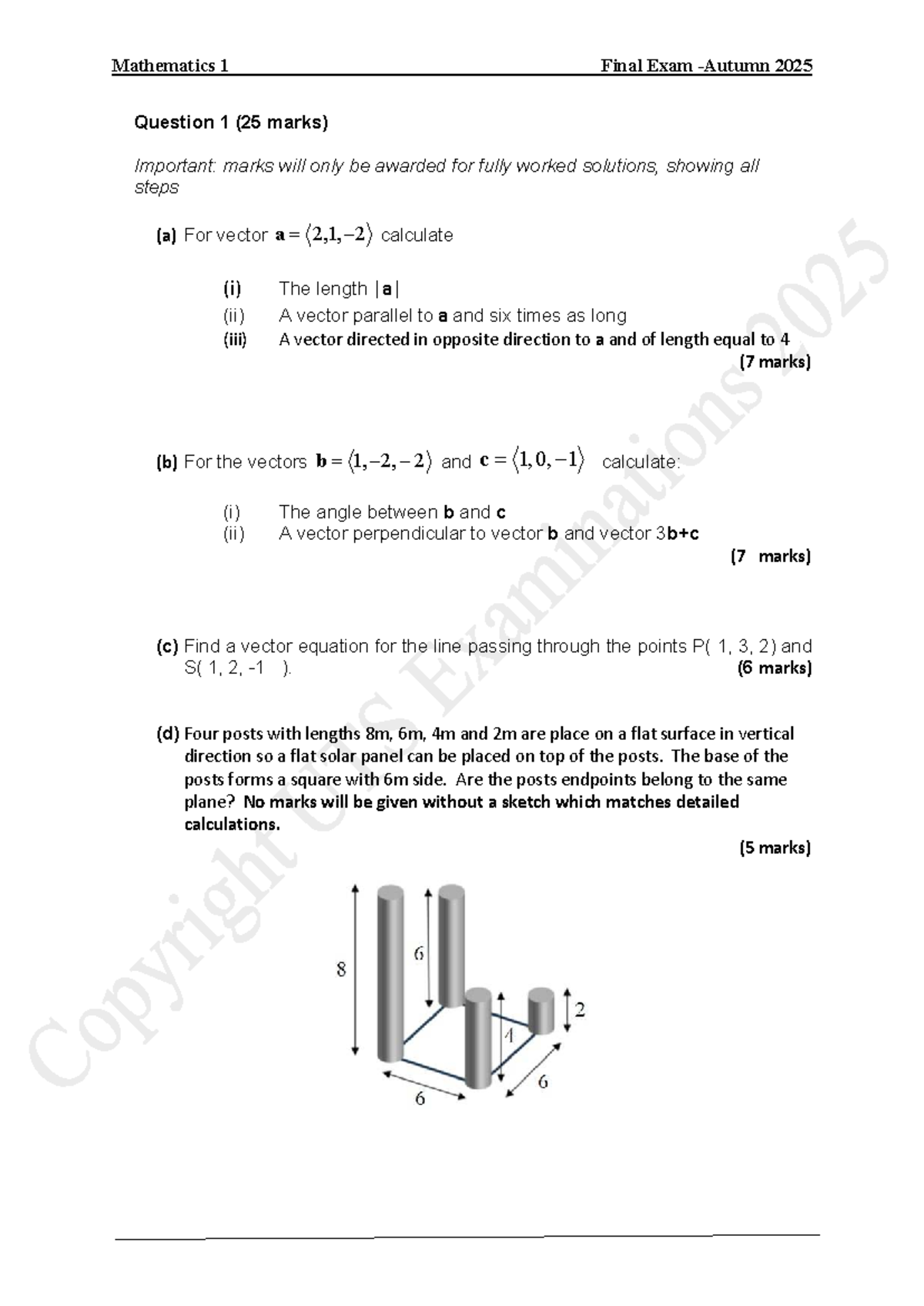 Mathematics 1 Final Exam 2025: Question 1 Solutions and Calculations ...