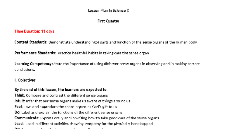 Science 2 Lesson Plan: Understanding Sense Organs and Their Care - Studocu