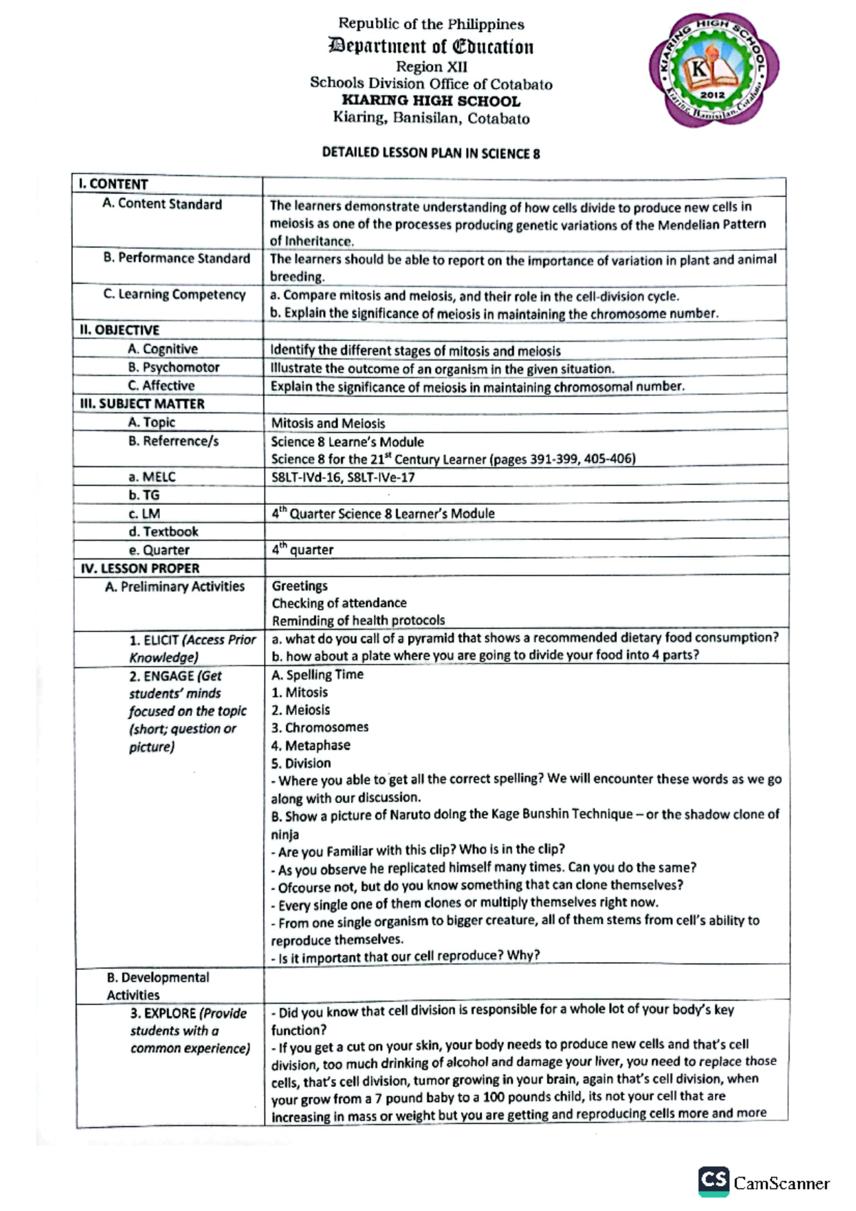 Science lesson plan - Republic of the Philippines HIGH Department of ...