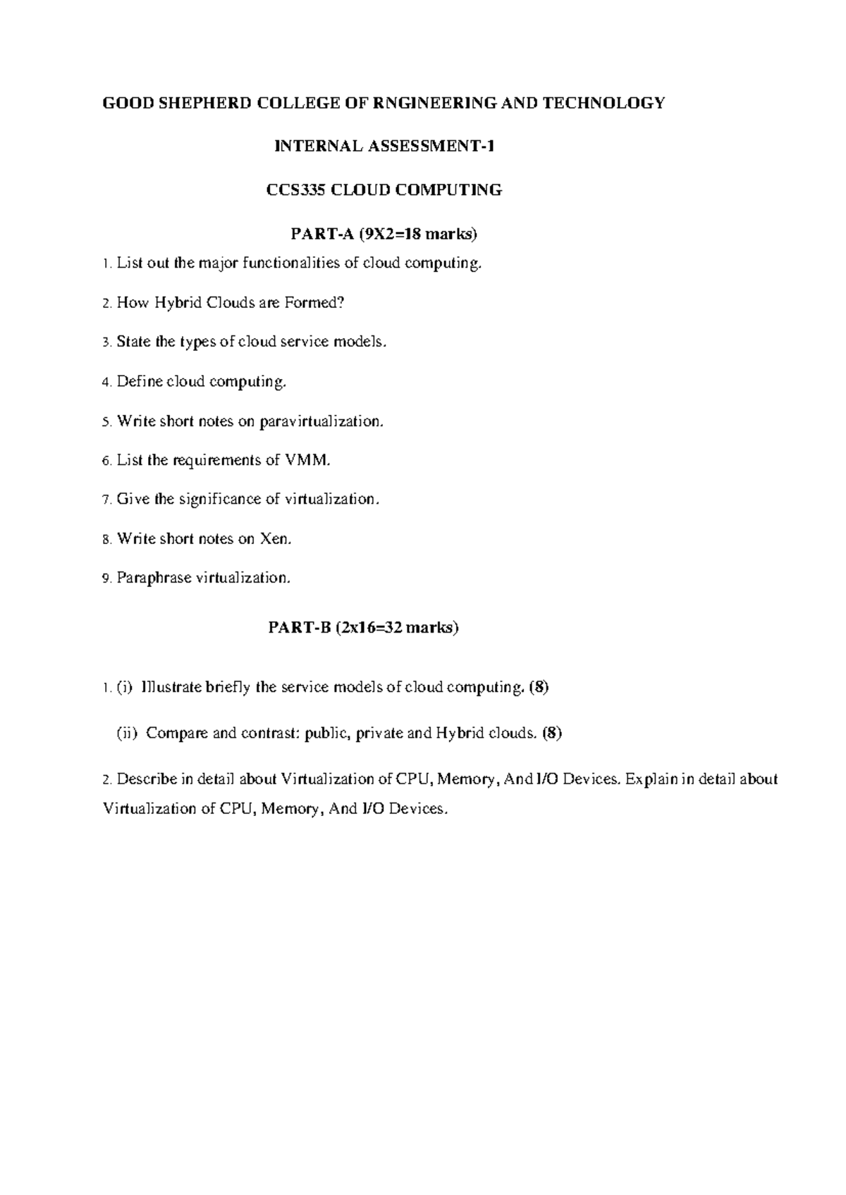 CCS335 - Internal Assessment 1: Cloud Computing Question Paper - Studocu