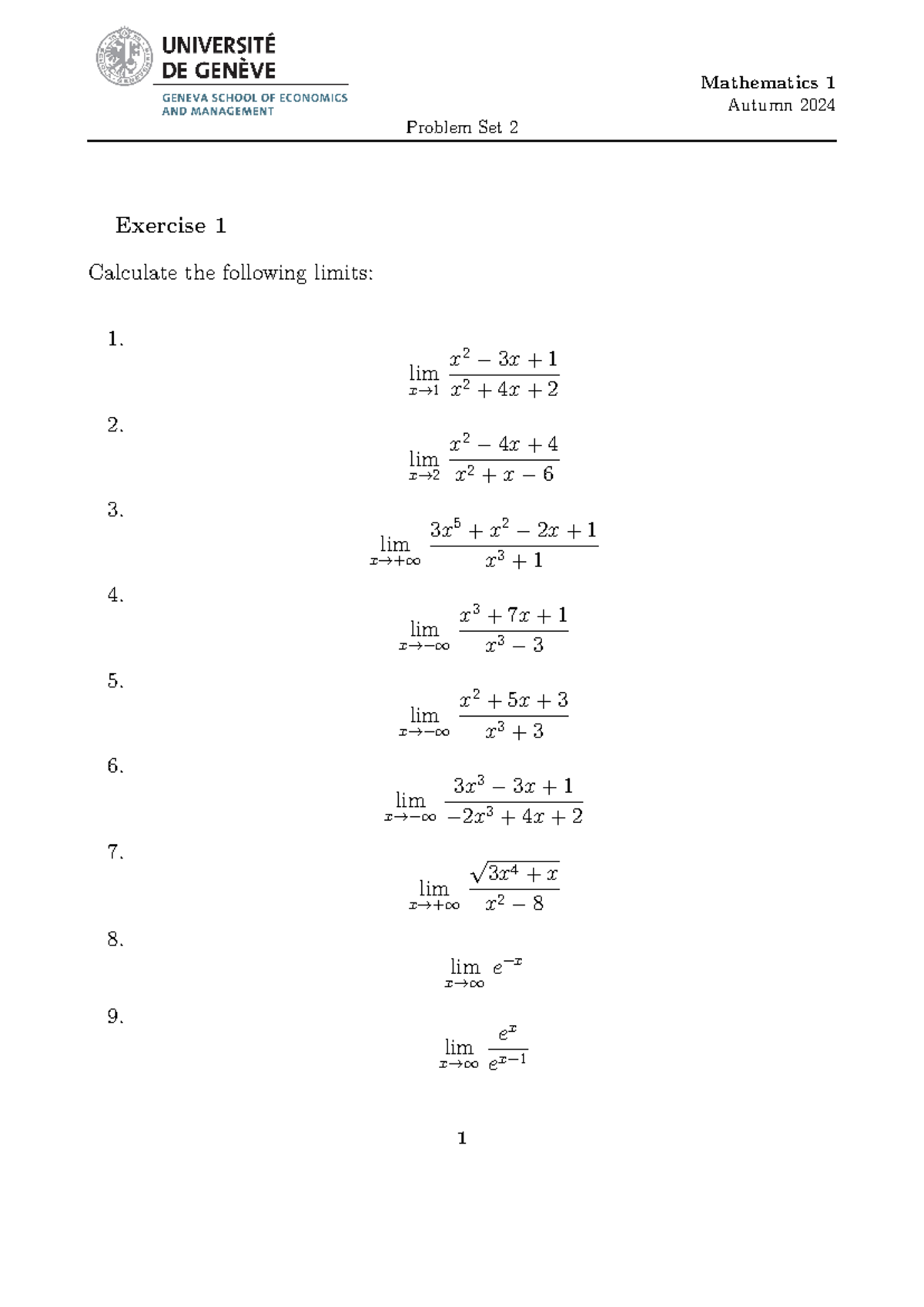 PS2 - Limit Exercises for Mathematics 1 (Autumn 2024) - Studocu