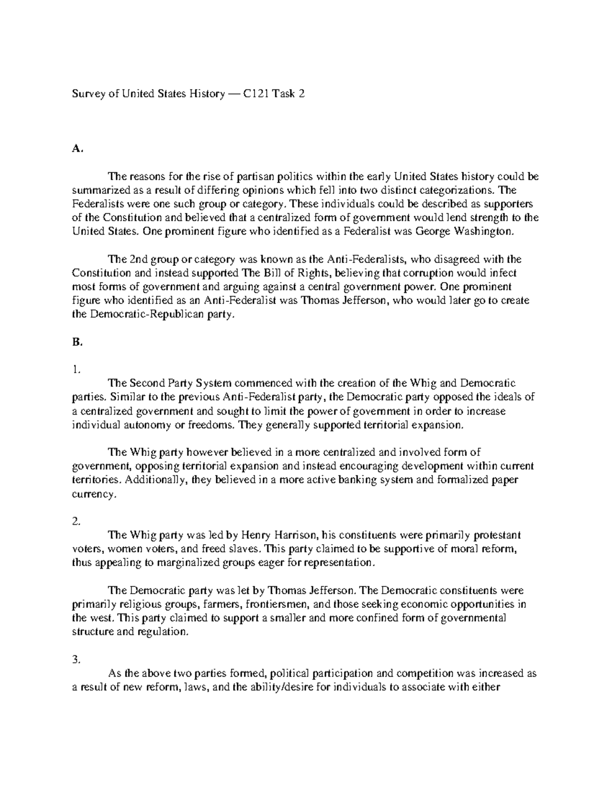 Survey of United States History — C121 Task 2 Essay - The reasons for ...