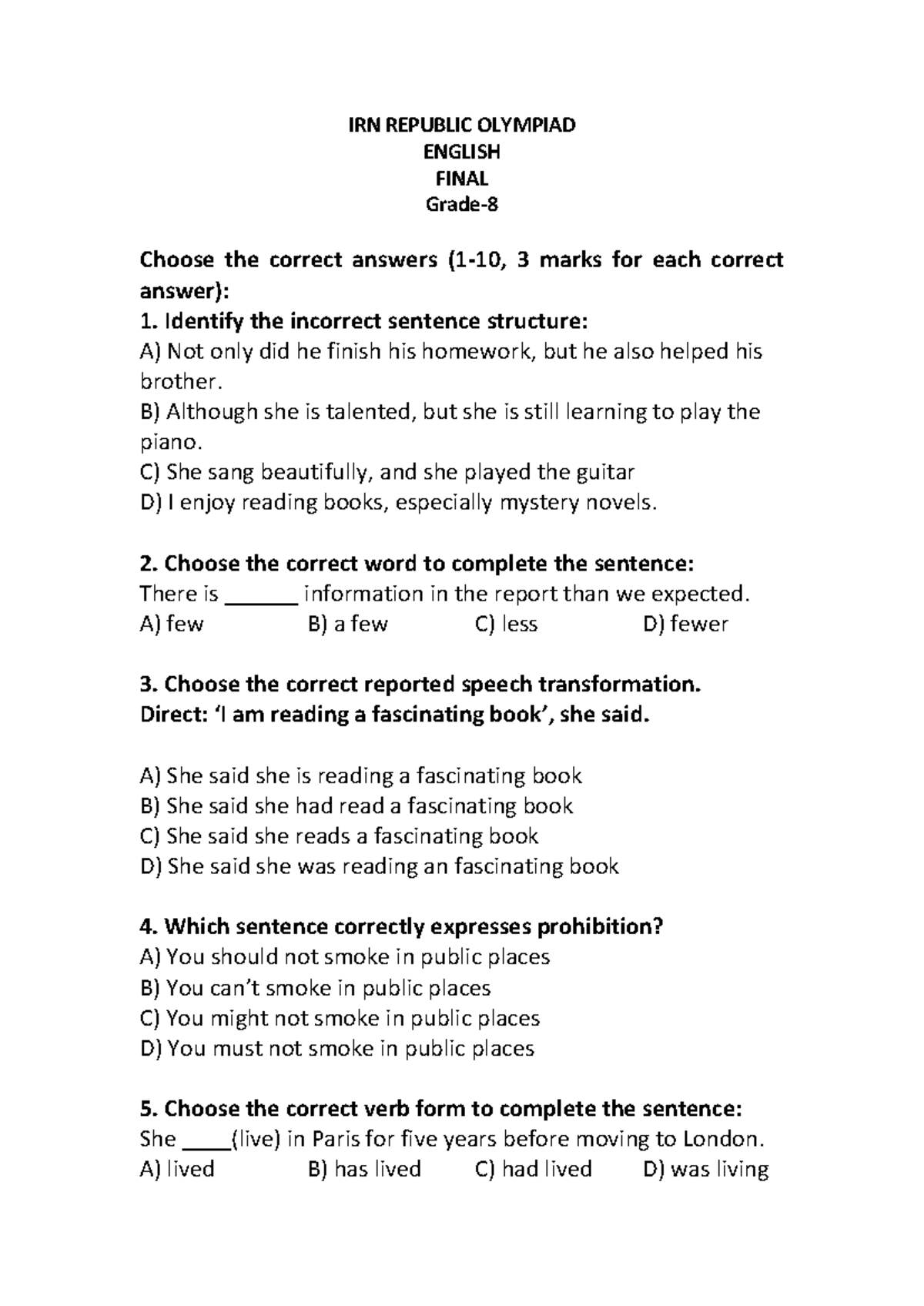 IRN REPUBLIC GRADE 8 ENGLISH FINAL EXAM REVIEW - Studocu