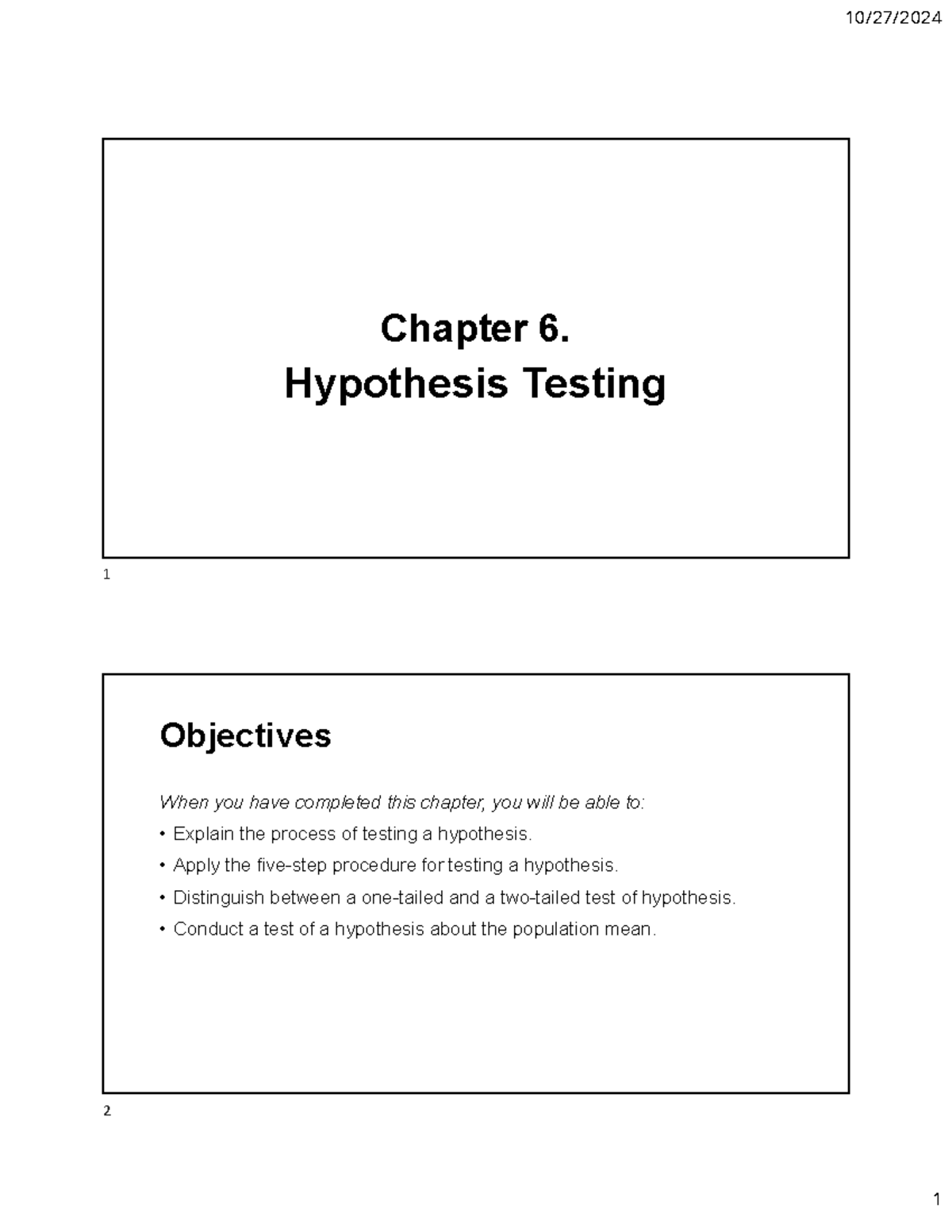 Business Statistics: Chapter 6 - Hypothesis Testing Overview - Studocu
