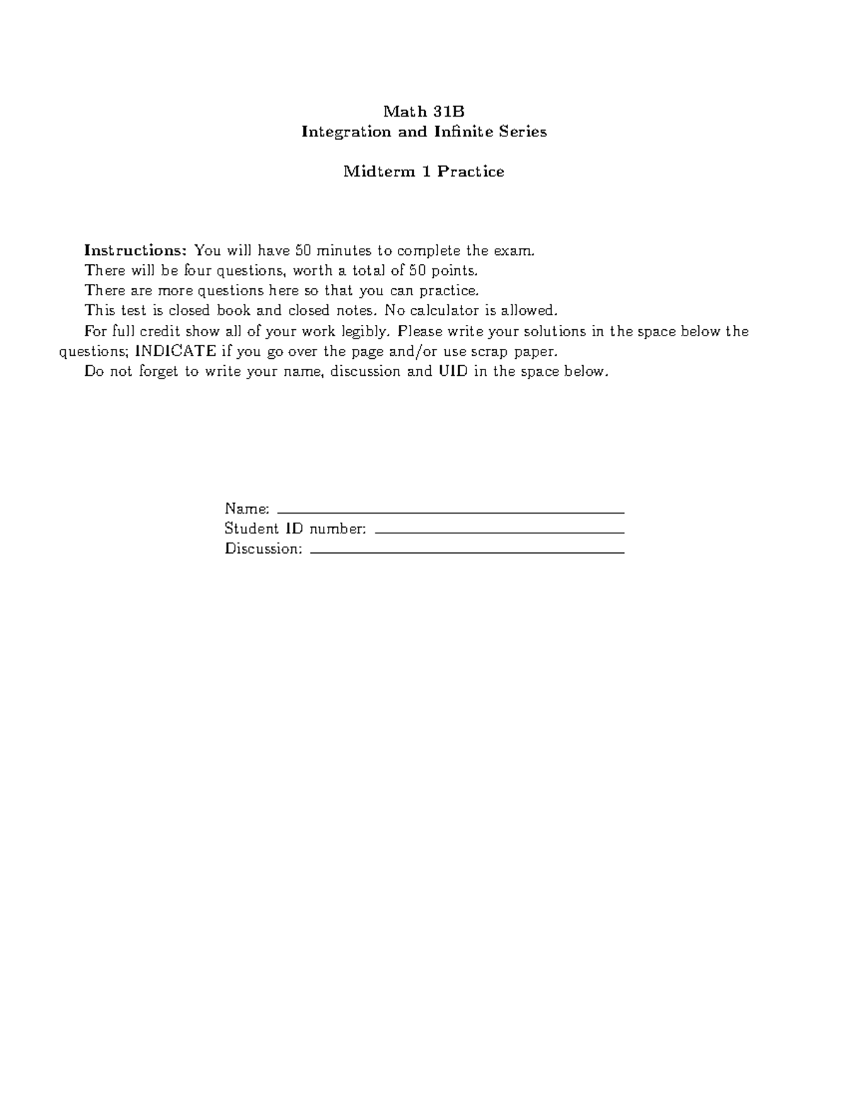 Math 31B Midterm 1 Practice: Integration & Infinite Series Exam Guide ...