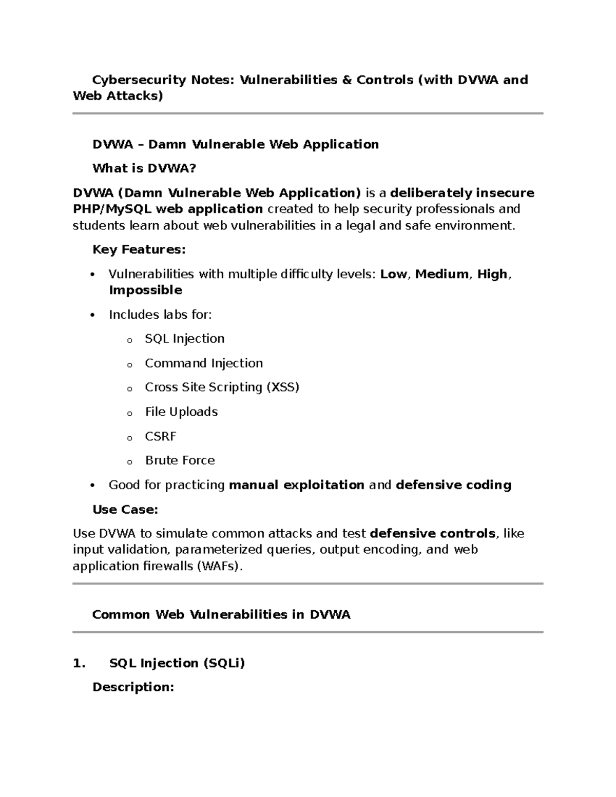 Cybersecurity Notes: Vulnerabilities & Controls (DVWA & Web Attacks ...