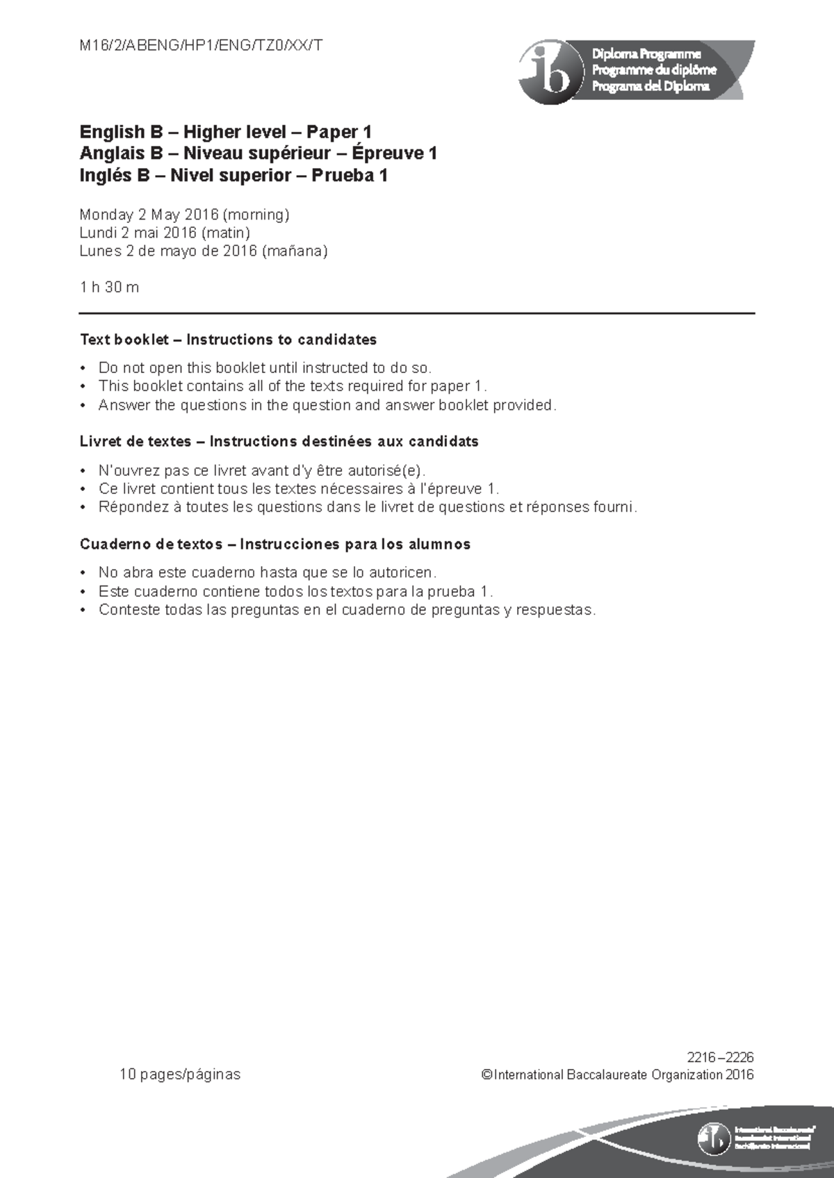 English B paper 1 text booklet HL2016 - M16/2/ABENG/HP1/ENG