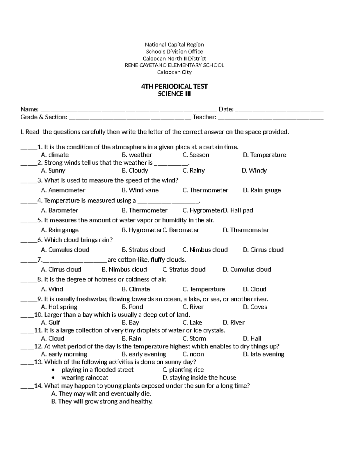 Science 3 MELC-Based Periodical Test Sample Exam - Studocu