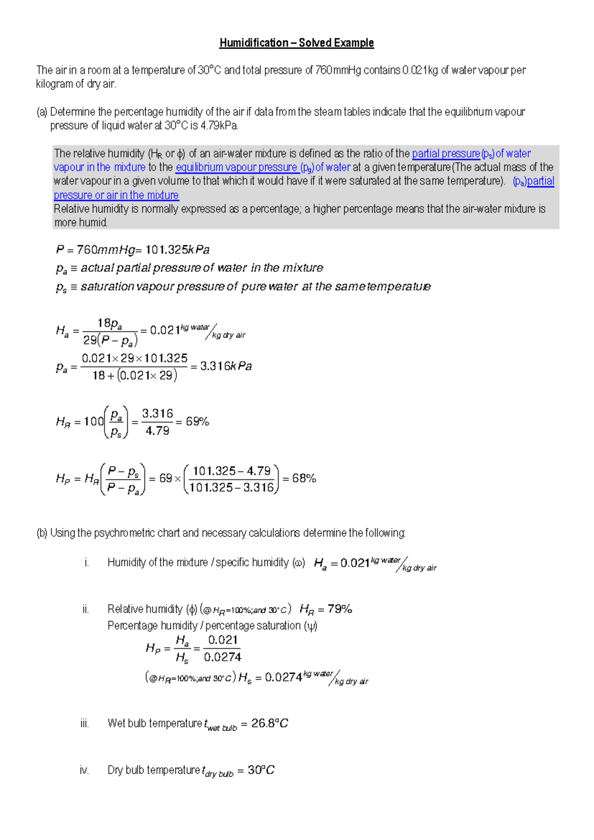 Humidification - Solved Example S1 2017 Analysis & Calculations - Studocu