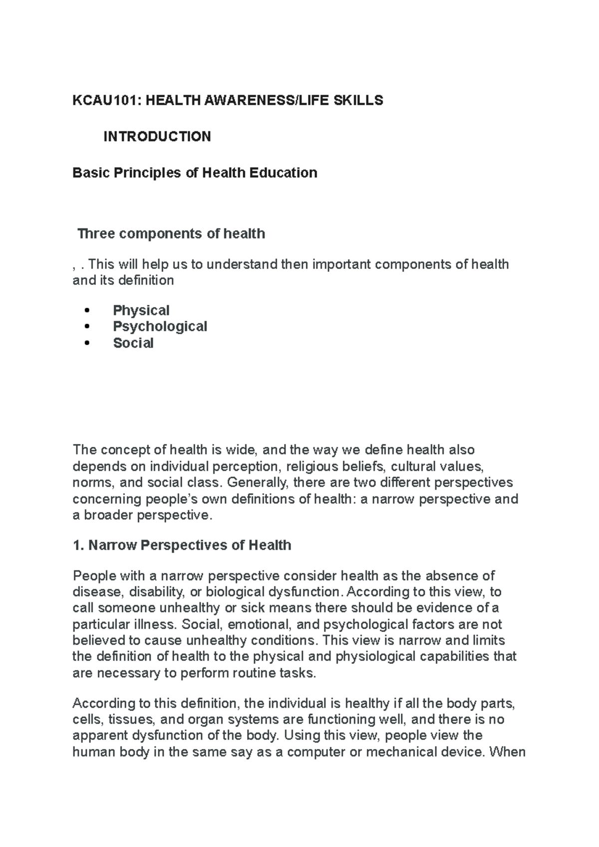 KCAU101 Health Awareness Notes - KCAU101: HEALTH AWARENESS/LIFE SKILLS ...