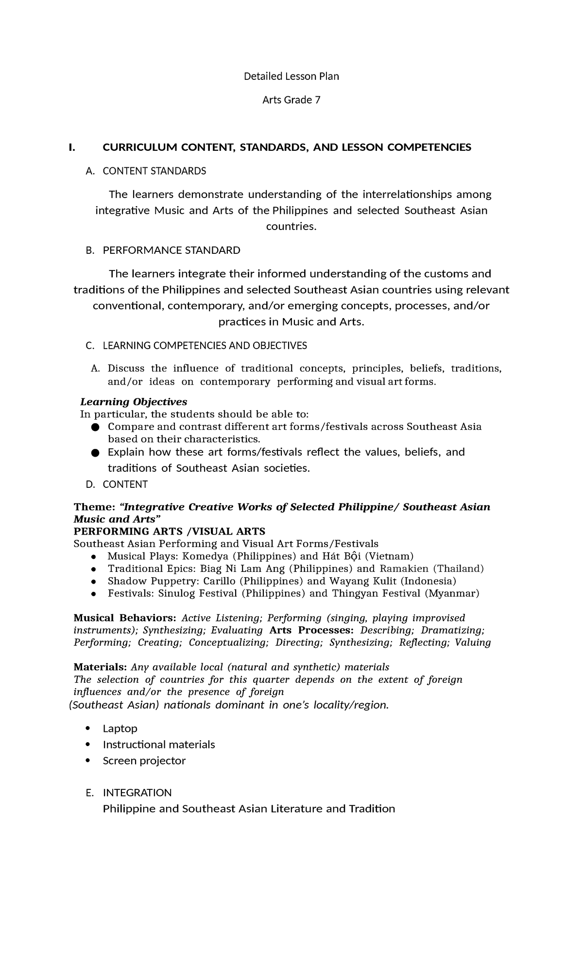 Arts 7 - Detailed Lesson Plan on Integrative Music & Arts - Studocu