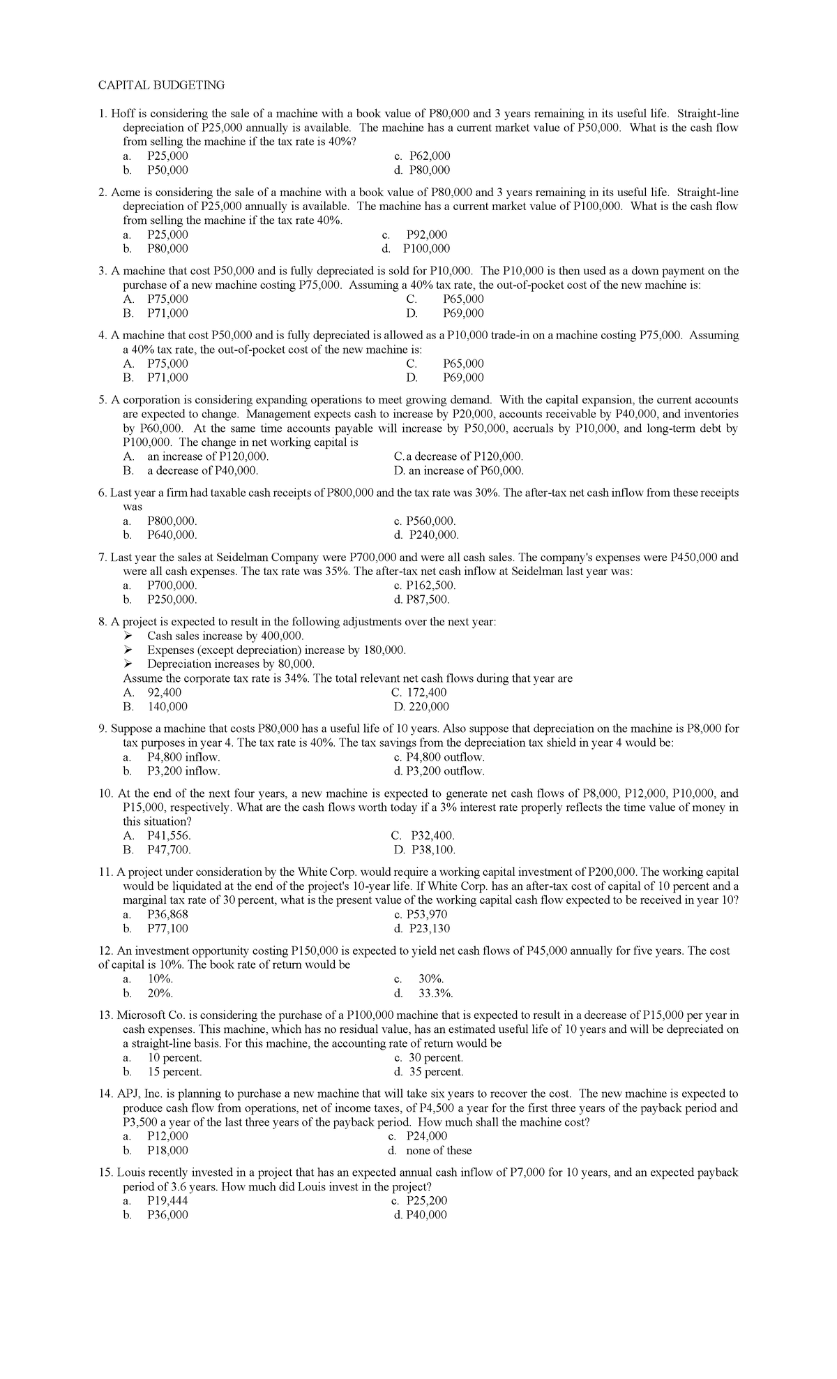 Capital Budgeting Concepts and Cash Flow Analysis - Studocu