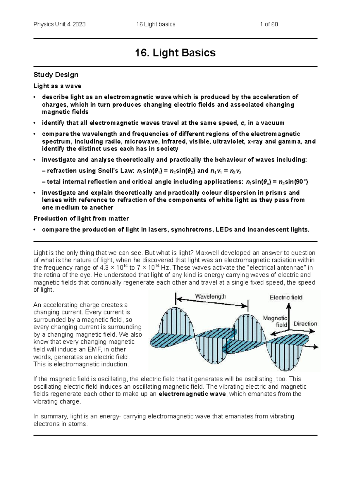 PHY 101 Lecture Notes: Fundamentals of Light and Electromagnetic Waves ...