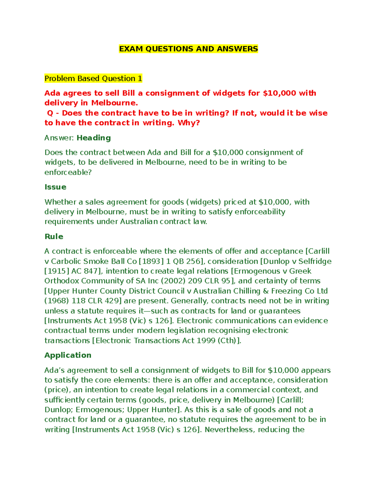 EXAM Questions and Answers for Contract Law (LAW101) - Studocu