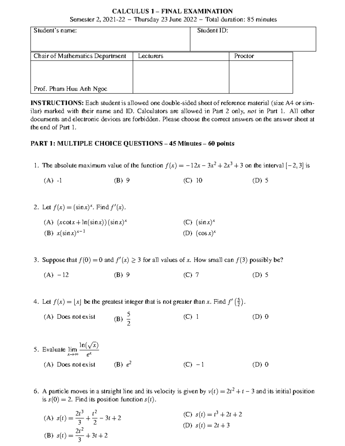 Calculus 1 (Cal1) Final Exam - Semester 2, 2021-22 Details & Questions ...