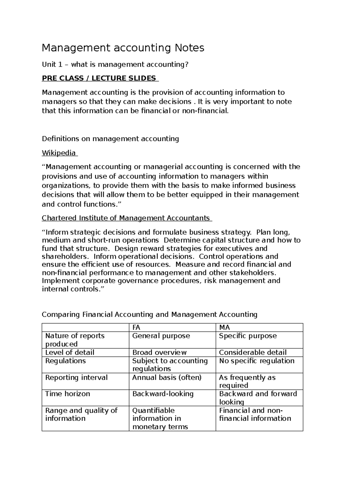 MA - Pre-Class Lecture Notes on Management Accounting Unit 1 - Studocu
