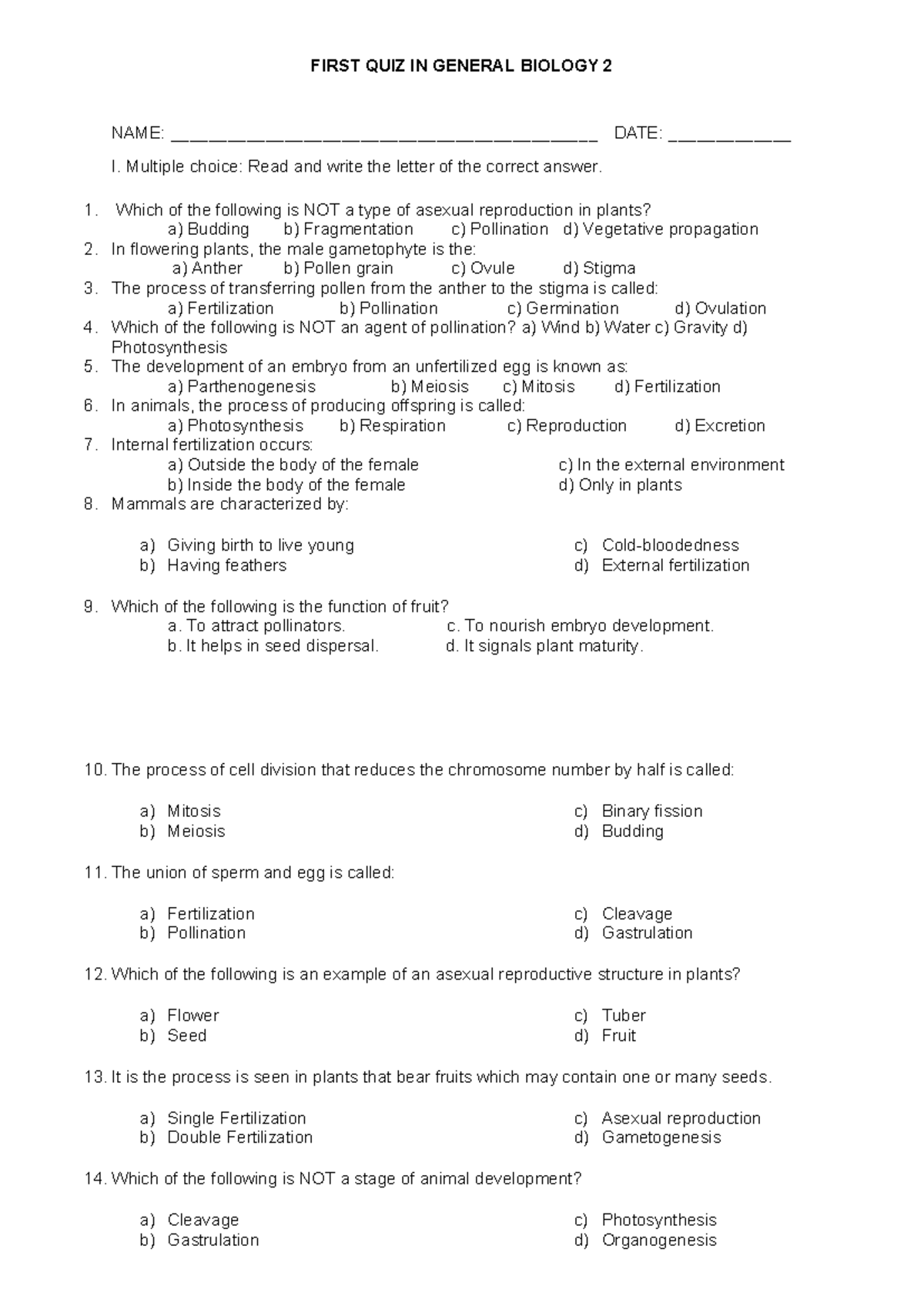 First Quiz in Gen Bio 2: Multiple Choice Questions - Studocu