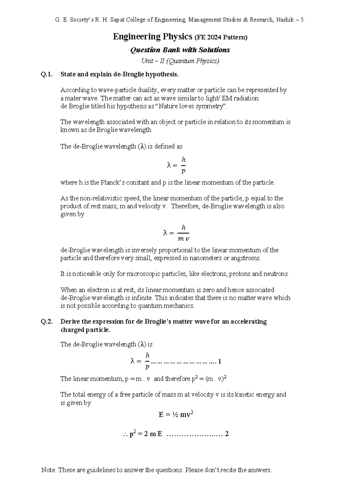 Engineering Physics (FE 2024) Unit II Question Bank & Solutions - Studocu