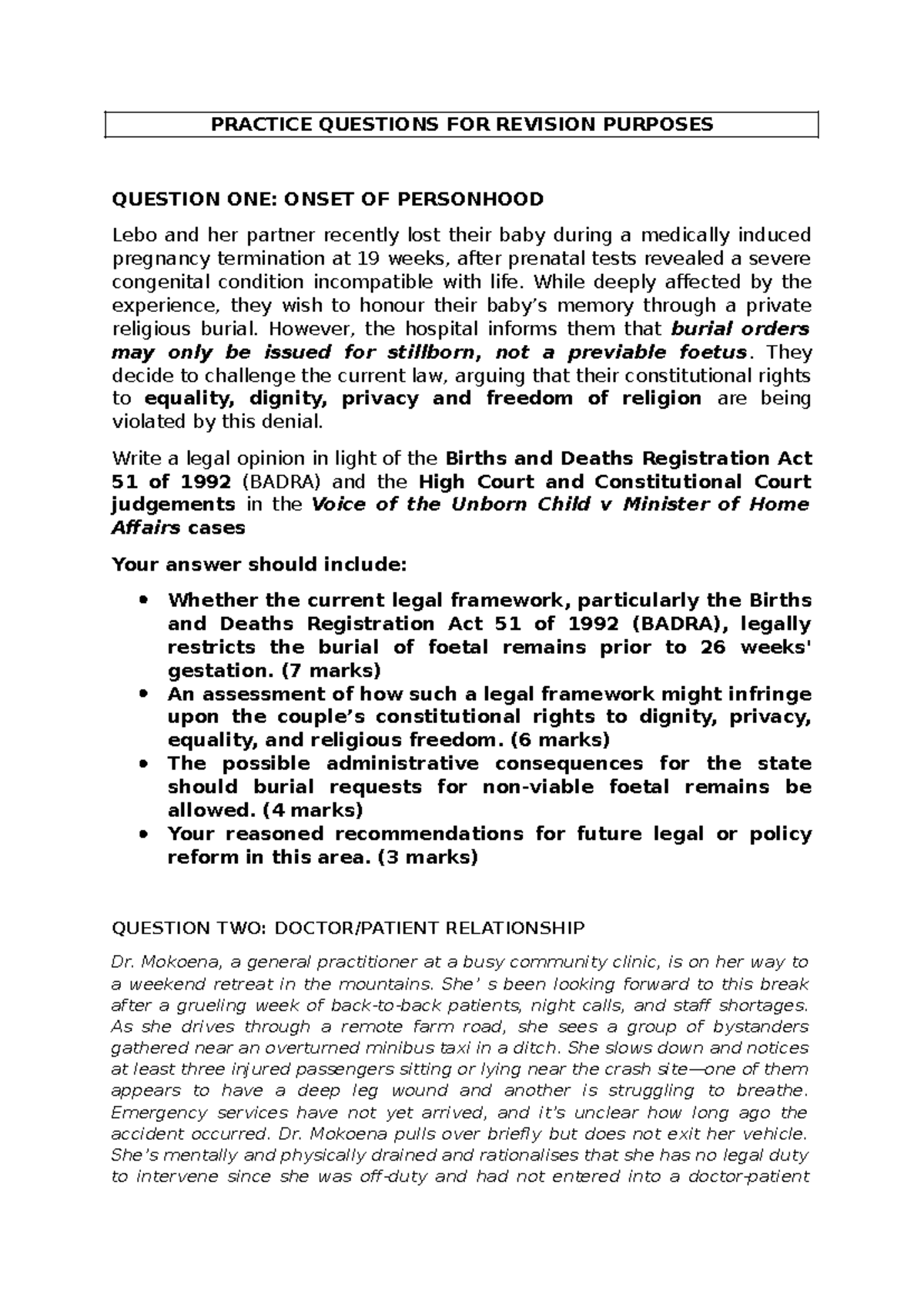 Practice Questions for Legal Opinion: Medical Ethics & Constitutional ...
